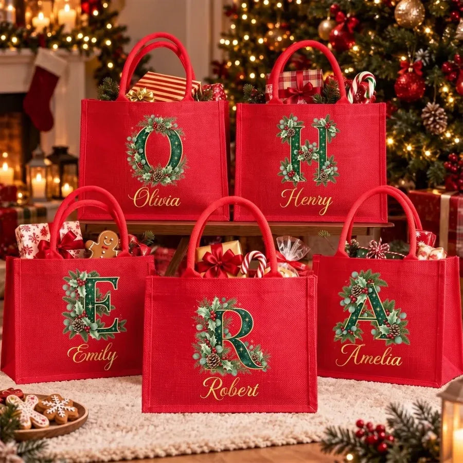 Personalized Christmas Burlap Tote Bag