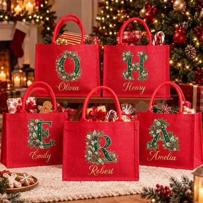 Personalized Christmas Burlap Tote Bag