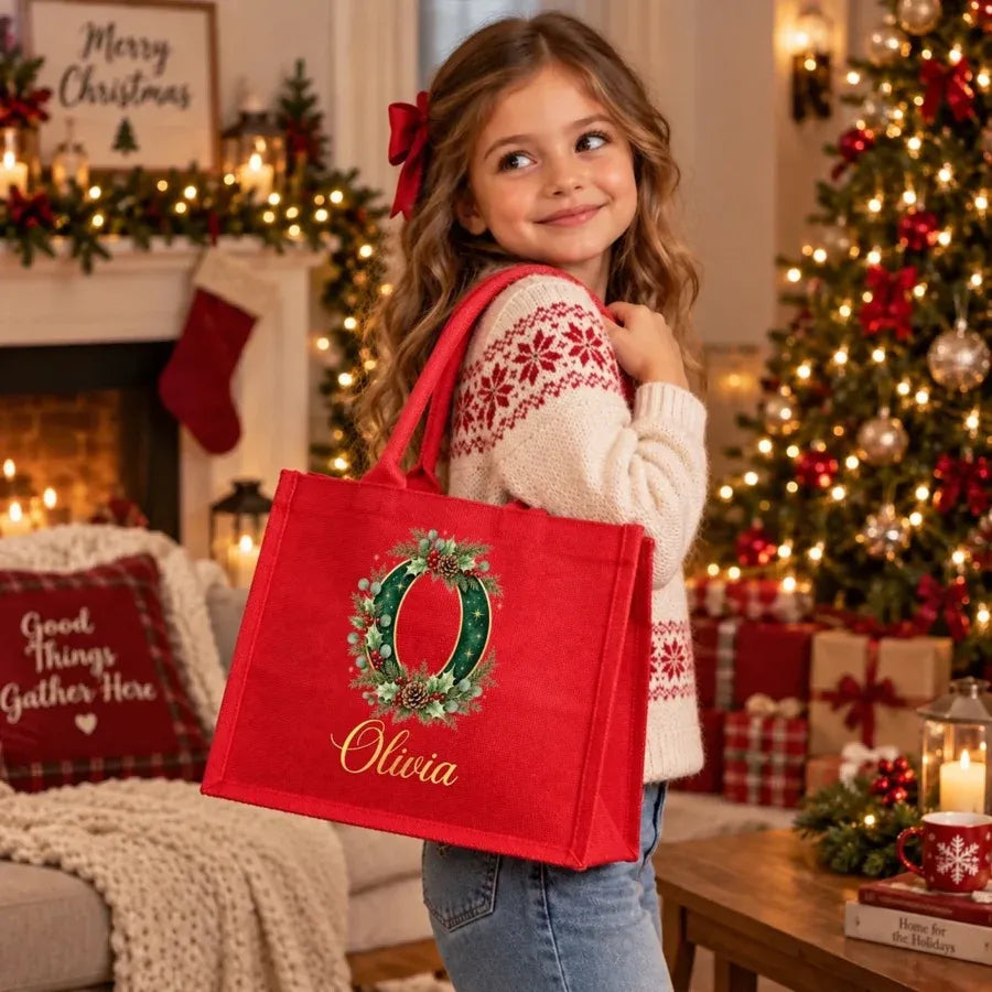 Personalized Christmas Burlap Tote Bag