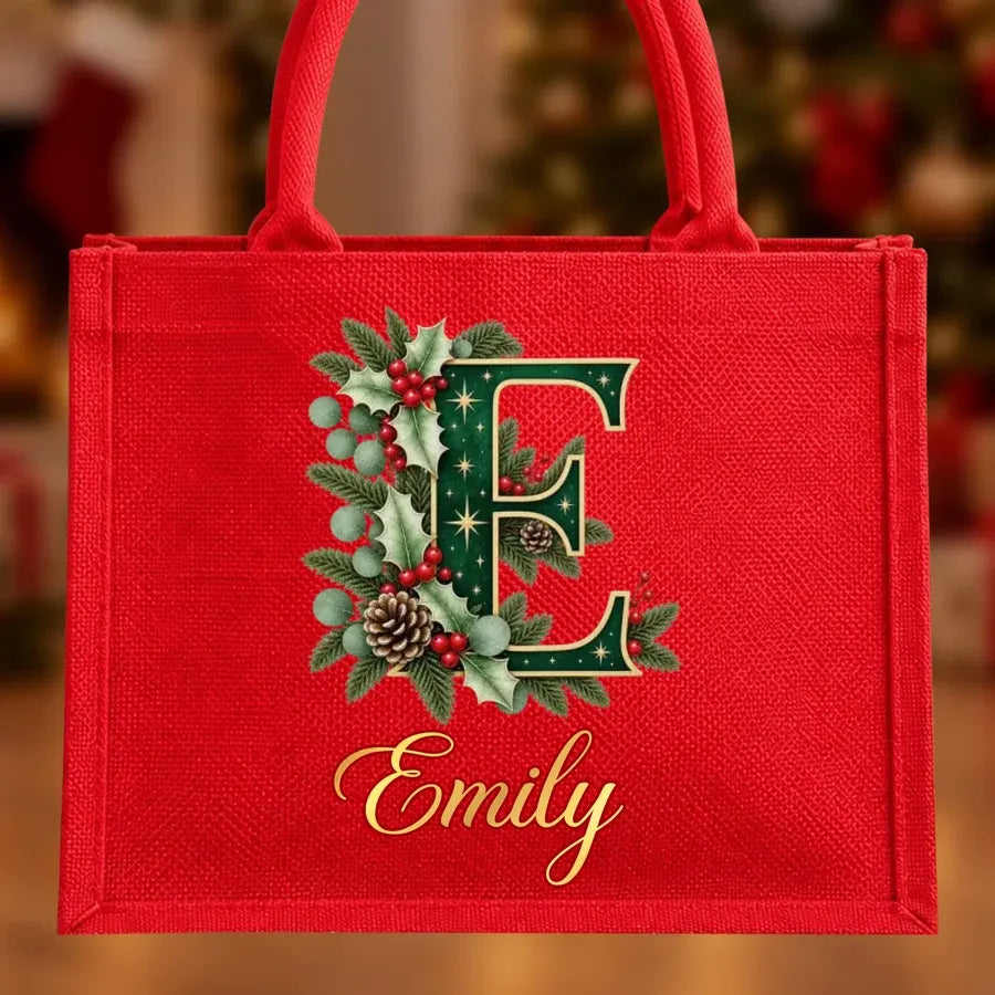 Personalized Christmas Burlap Tote Bag