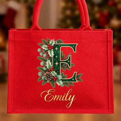 Personalized Christmas Burlap Tote Bag