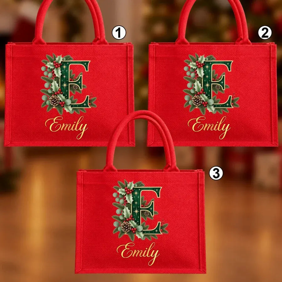 Personalized Christmas Burlap Tote Bag