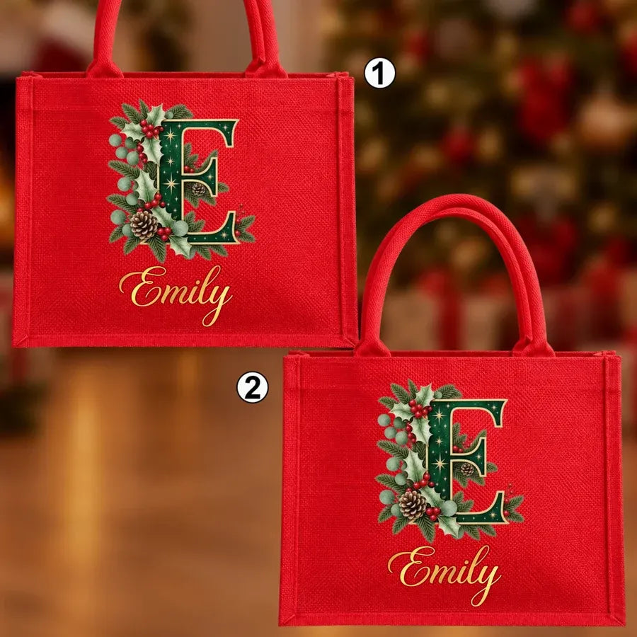 Personalized Christmas Burlap Tote Bag