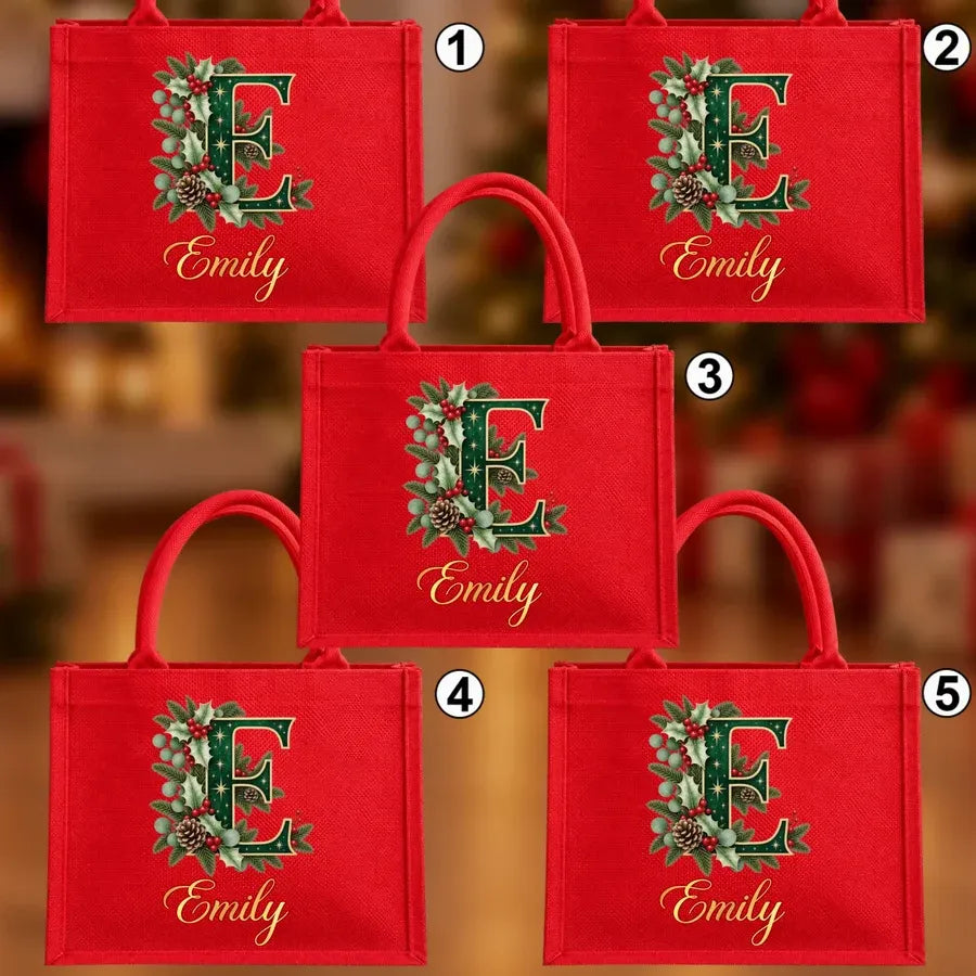 Personalized Christmas Burlap Tote Bag