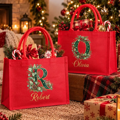 Personalized Christmas Burlap Tote Bag